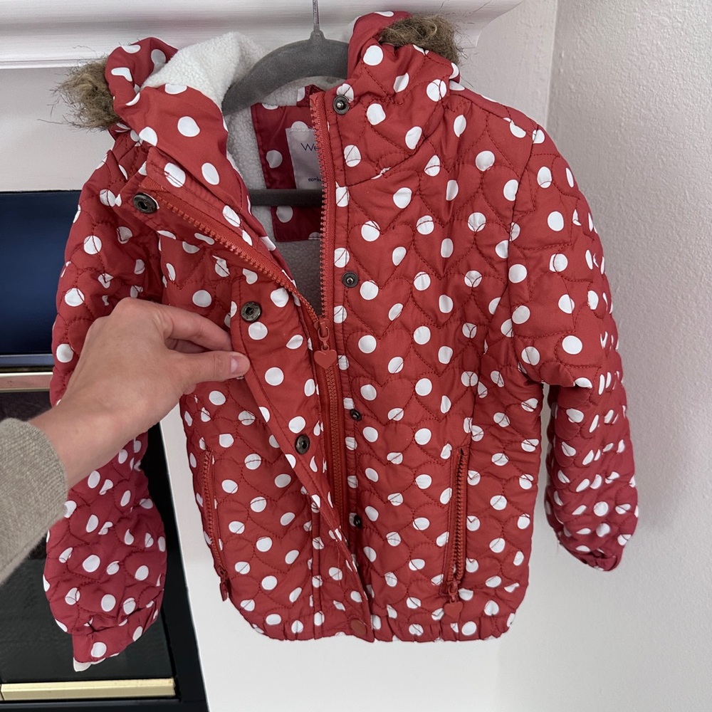 Polka Dot Girls Insulated Jacket with fur trimmed hood & heart shaped stitching